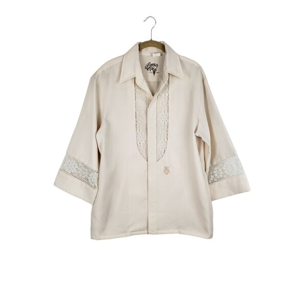 Beau Tiki Button Up Wedding Shirt Hawaiian Tropical Off-White Lace Size Large - Picture 1 of 8